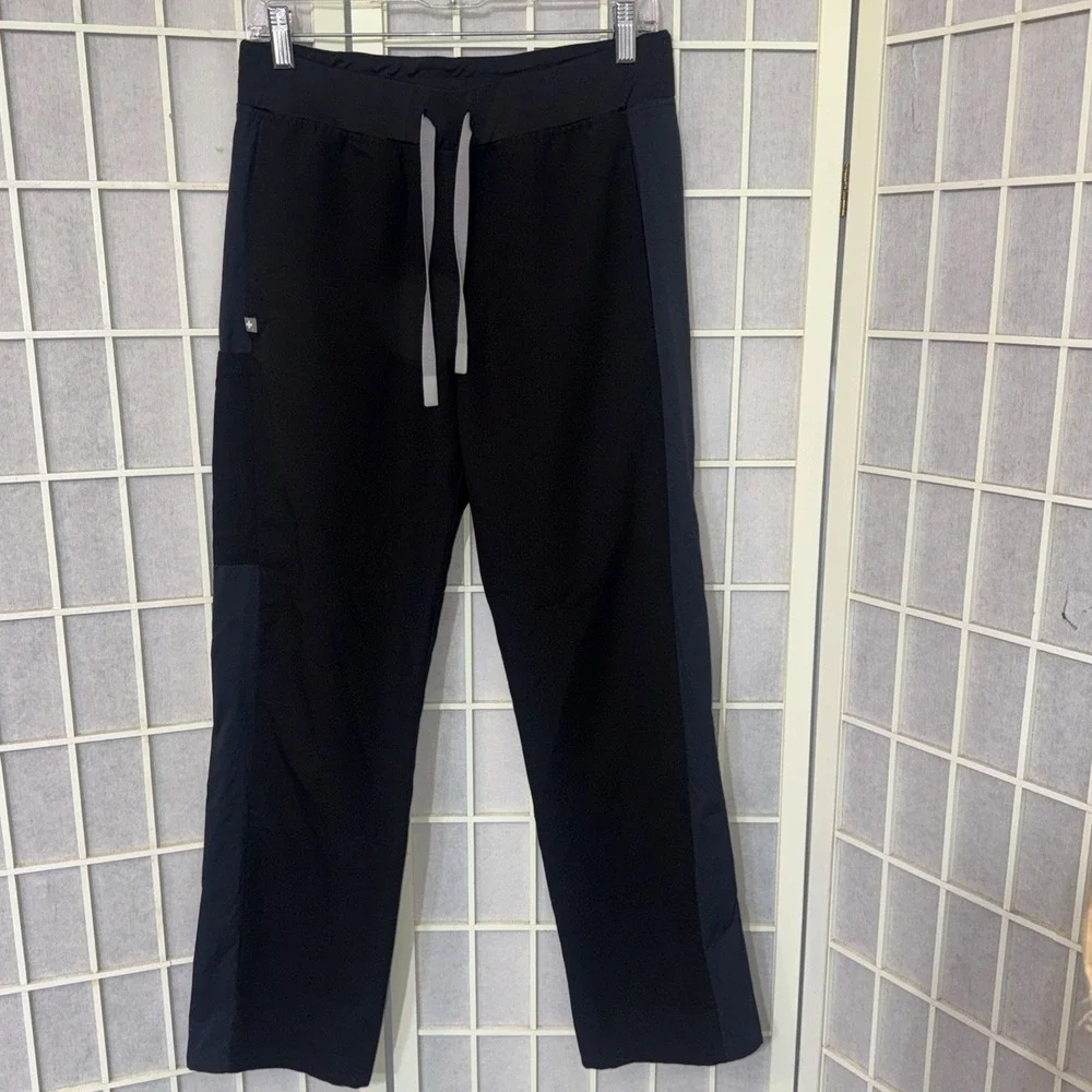 FIGS Black Blue Stripe Panel Cargo Knit Scrub Pants Medical Polyester Size P/S